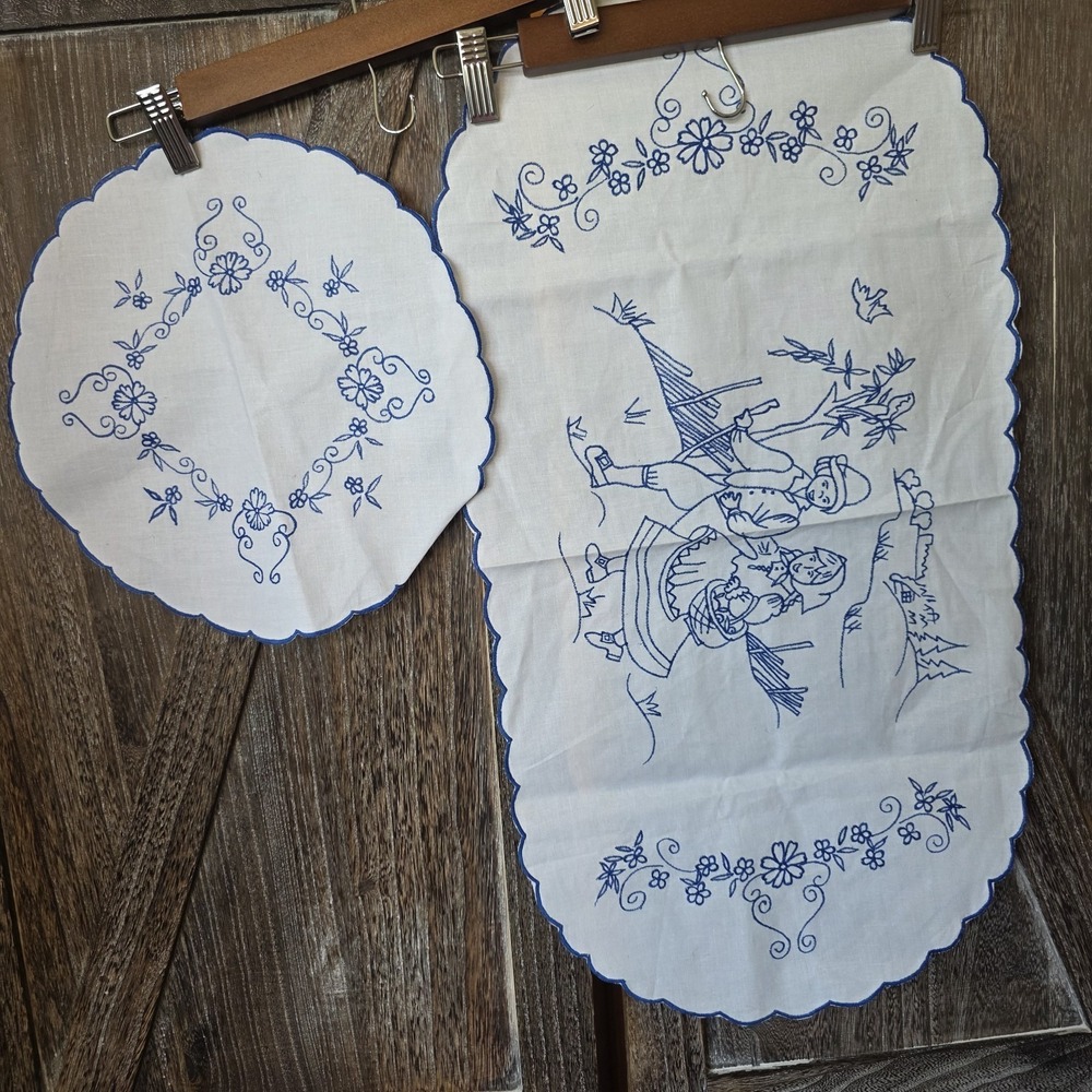 Embroidered Linen Table Runner Dutch Themed Bluework Scalloped Set of 2 Vintage